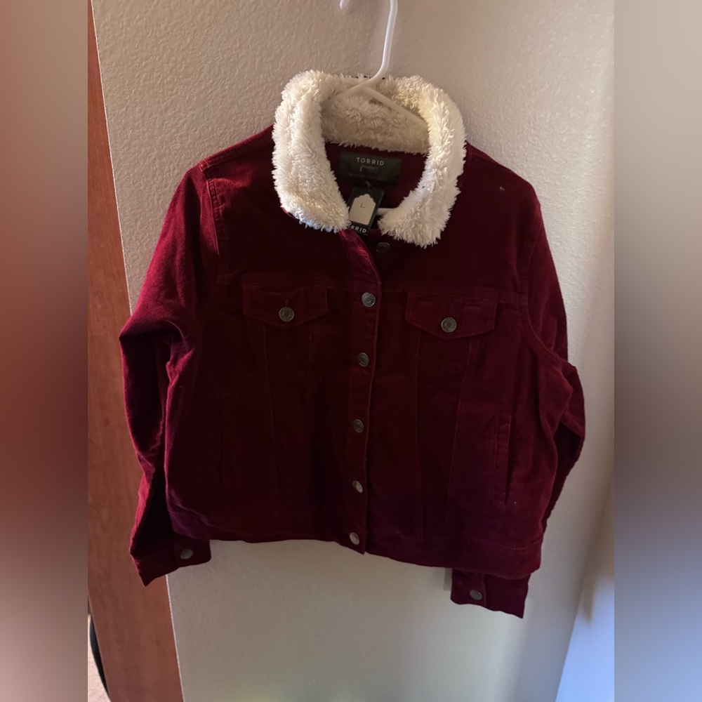 Torrid Women's Burgundy Corduroy Jacket with Faux Fur Collar